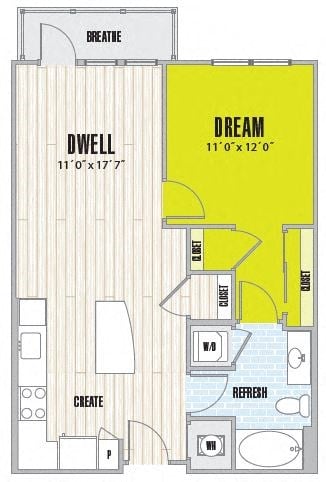 Floor plan for 1 bed, 1 bath, 710 sqft